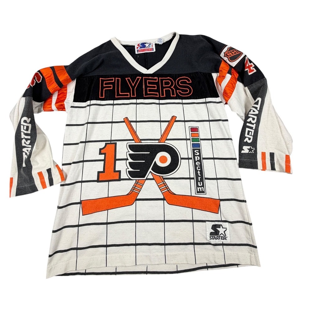 90s Starter Philadelphia Flyers Cotton Jersey Mens L White NHL Grid Long Sleeve